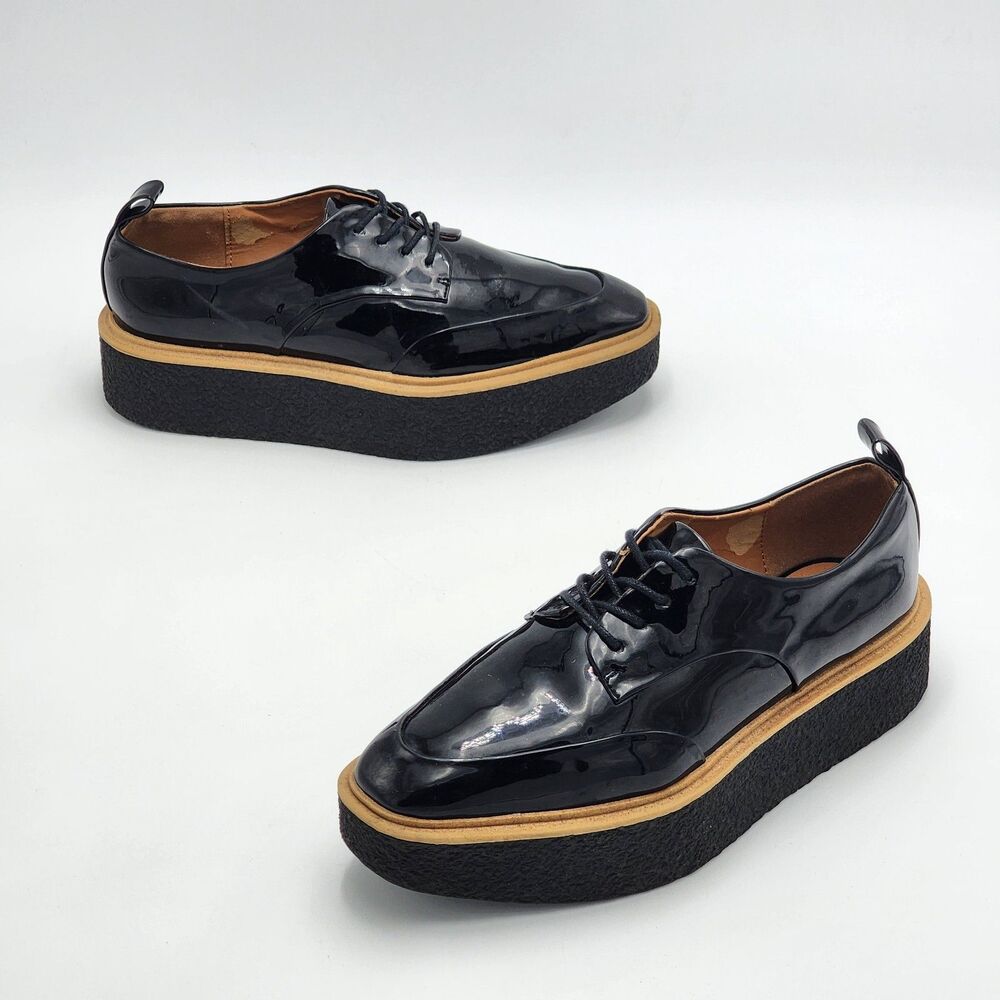 Zara Trafaluc Patent Lace-Up Platform Oxford Loafers Black Women's Size 36 EU